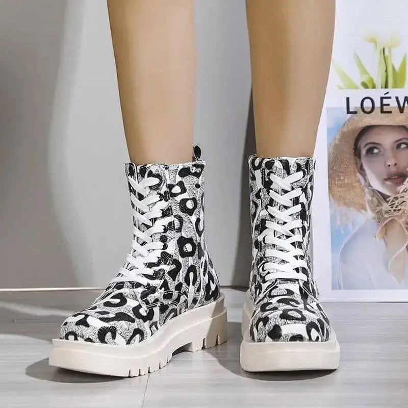 Women Martin Boots Black White Leopard Print Low Heel Shoes-Leopard white-4