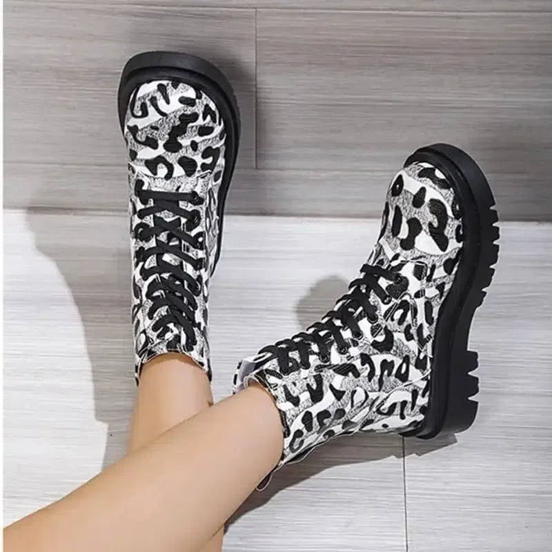 Women Martin Boots Black White Leopard Print Low Heel Shoes-6