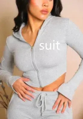 Women's Casual Tight Sportswear Multi-pocket Overalls With Coat And Cap Suit Pants-Gray-12