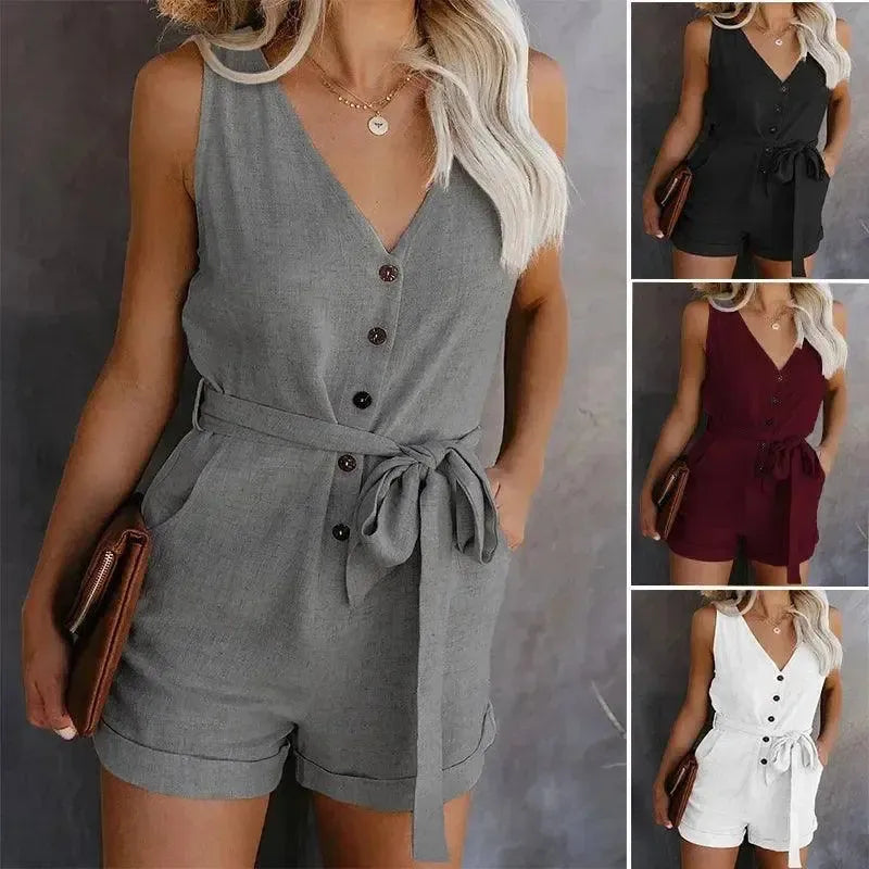 Women's Casual V-neck Monochromatic Jumpsuit, Five-Point-1