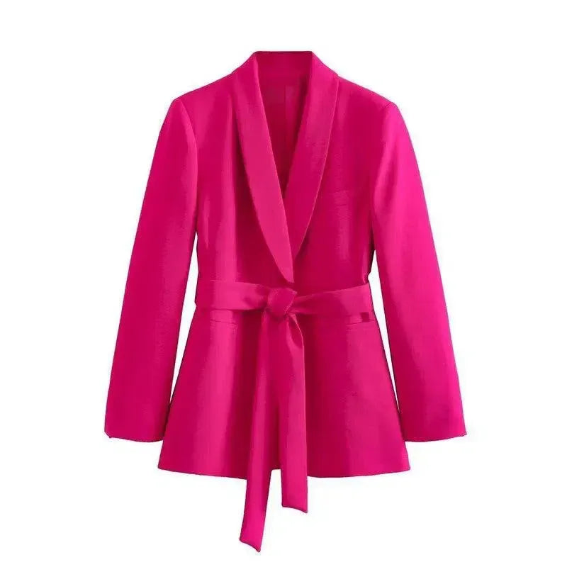 Women's Clothing With Belt Casual Suit Jacket Pants-Rose Red Suit-6