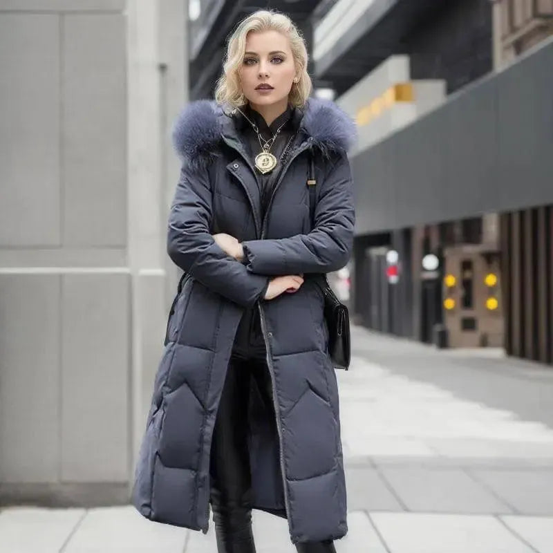 Women's Cotton-padded Clothes Over The Knee Large Fur Collar-Gray-3