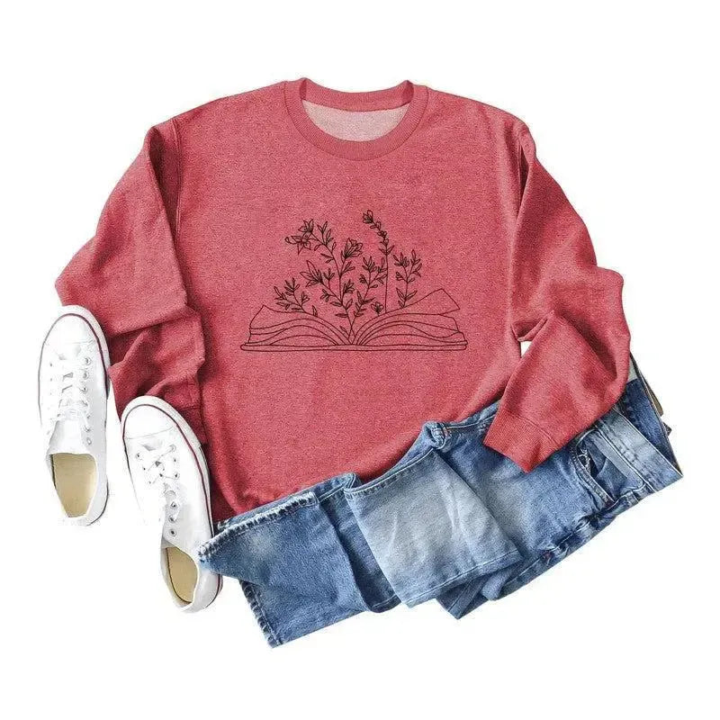 Women's Fashion Casual Book Botanical Pattern Long Sleeve-Red Black Font-17