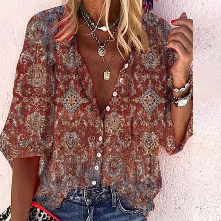 Women's Fashion Stand Collar Loose Button Vintage Printed Casual Shirt-Figure 10-1