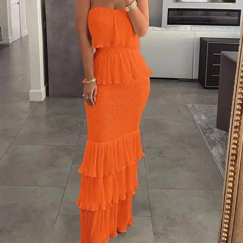 Women's Fashion Temperament Smocked To Play Pleated Ruffle-Orange-4