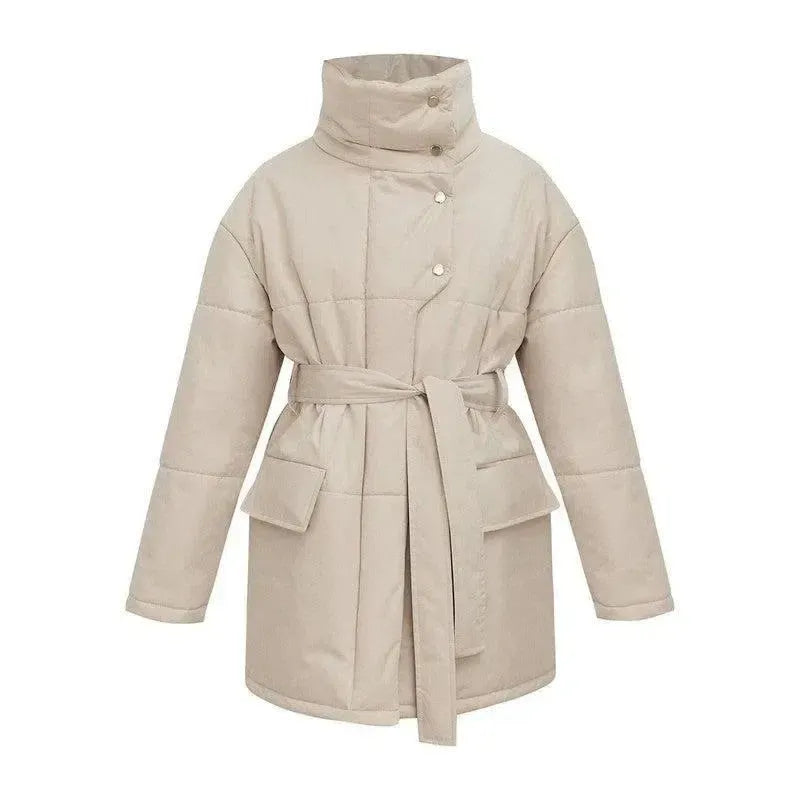 Women's Fashion Temperament Standing Collar Cotton Jacket-Beige-3