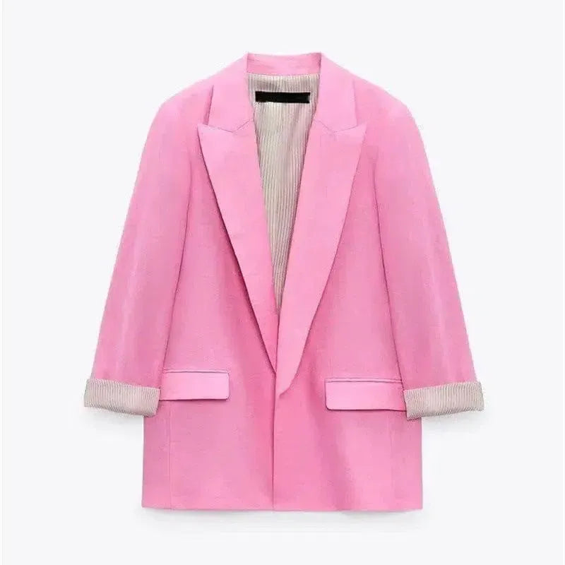 Women's Fashionable Curled Brim Cuff Polo Collar Top Blazer-5