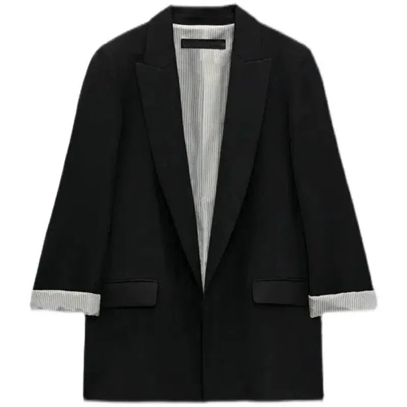 Women's Fashionable Curled Brim Cuff Polo Collar Top Blazer-Black-8