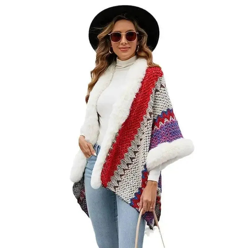Women's Fur Collar Inverness Striped Ethnic Style-2