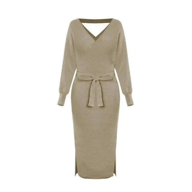 Women's Knitted Dress Slim V-neck-Khaki-3