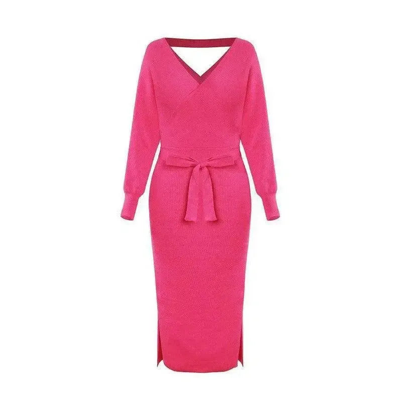 Women's Knitted Dress Slim V-neck-Pink-7