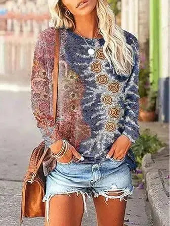 Women's Printed Long-sleeved Pullover Round Neck Top-Blue-7