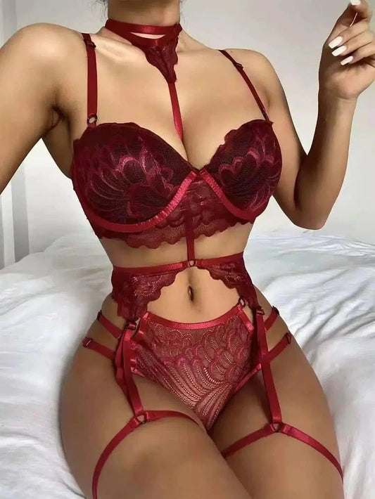 Xun Hot Lace Three-Point Suit Lingerie-Red-1