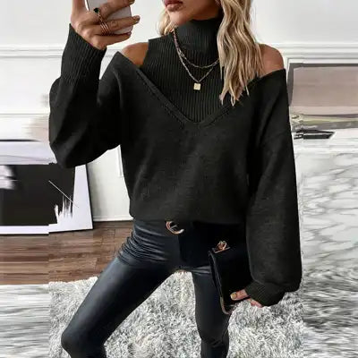 Off-Shoulder Knit Turtleneck