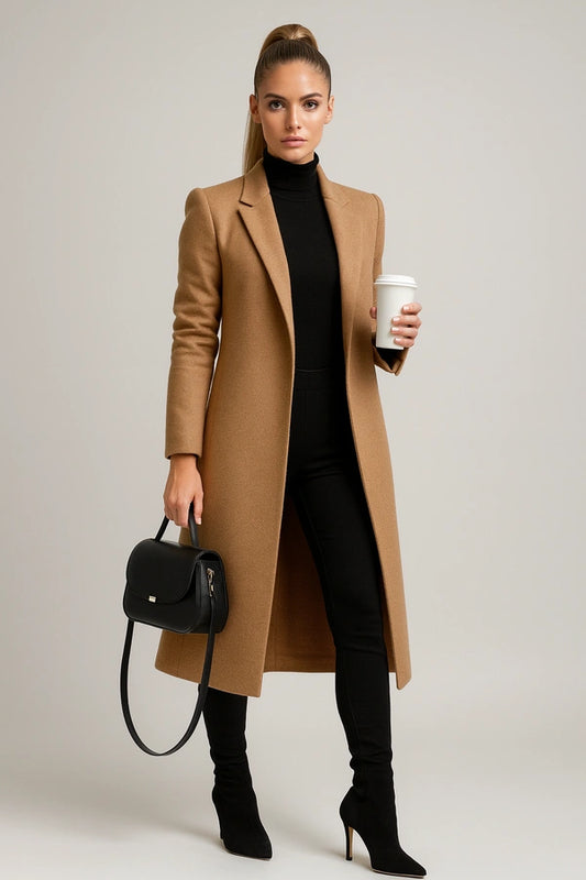 Chic women's camel trench coat longline style with tailored fit and minimalist design