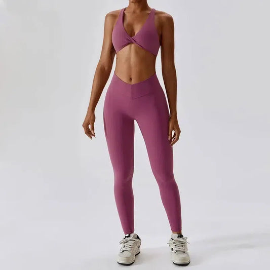 Women Yoga Clothing Sets Athletic Wear High Waist Leggings-Crimson Purple -1-1