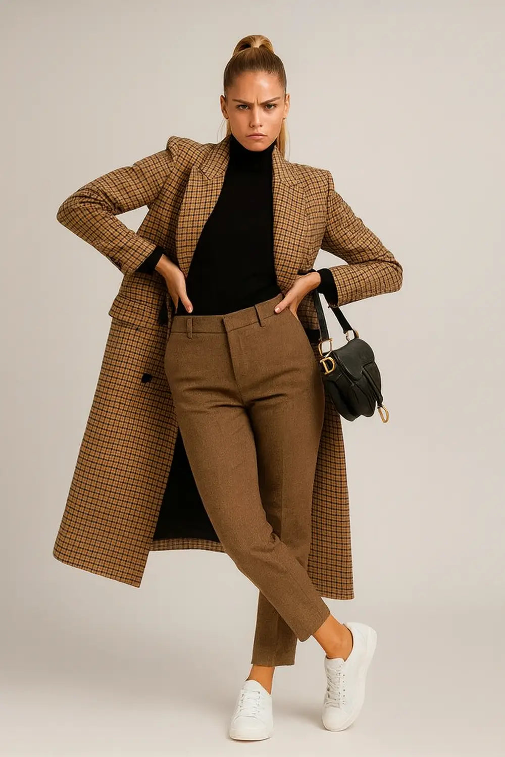 Elegant brown checked wool coat with tailored fit, styled with turtleneck and white sneakers.